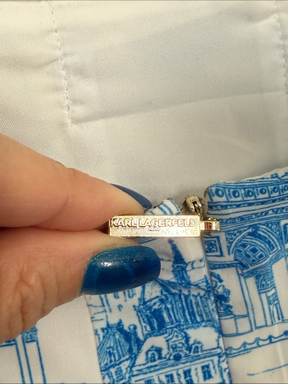 Karl Lagerfeld Blue & White Scenic Midi Dress with Tie Waist - Picture 8 of 9